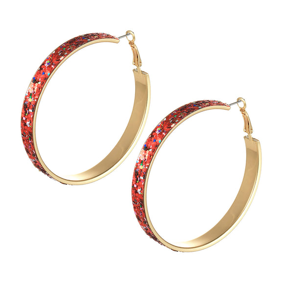 GOLD HOOP EARRINGS RED GLITTER ( 27488 SIG )