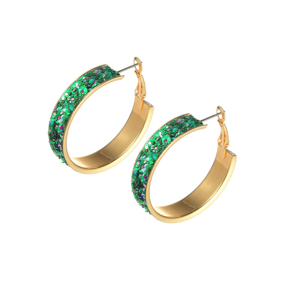 GOLD HOOP EARRINGS EMERALD GLITTER ( 27489 EM-G )