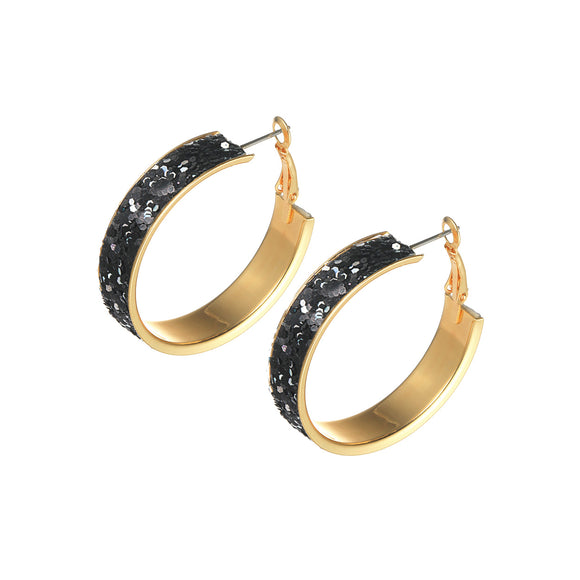 GOLD HOOP EARRINGS BLACK GLITTER ( 27489 JT-G )