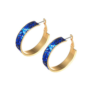 GOLD HOOP EARRINGS BLUE GLITTER ( 27489 SA-G )