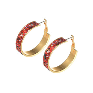 GOLD HOOP EARRINGS RED GLITTER ( 27489 SI-G )