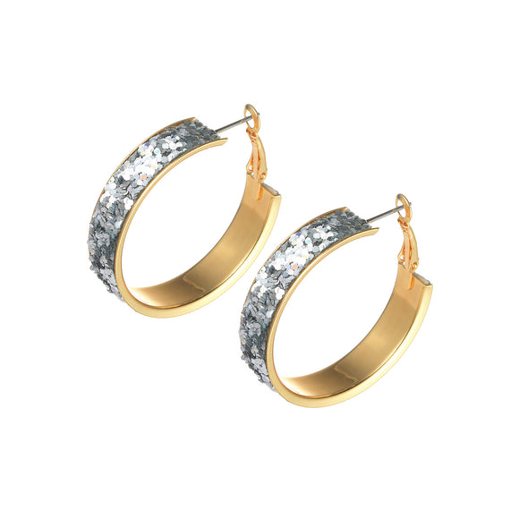 GOLD HOOP EARRINGS SILVER GLITTER ( 27489 SILG )