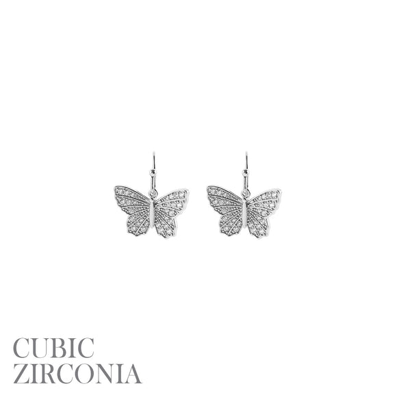 SILVER BUTTERFLY EARRINGS CLEAR CZ CUBIC ZIRCONIA STONES ( 27606 CRR )