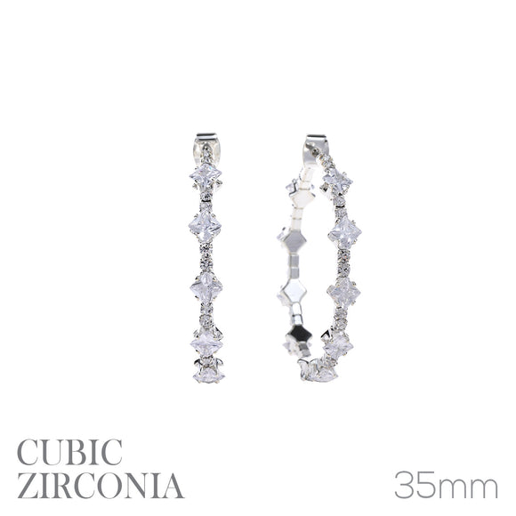 35MM SILVER HOOP EARRINGS CLEAR CZ CUBIC ZIRCONIA STONES ( 27658 35CRS )