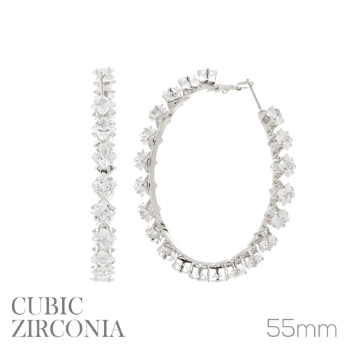 SILVER HOOP EARRINGS CLEAR CZ STONES ( 27702 55CRS )