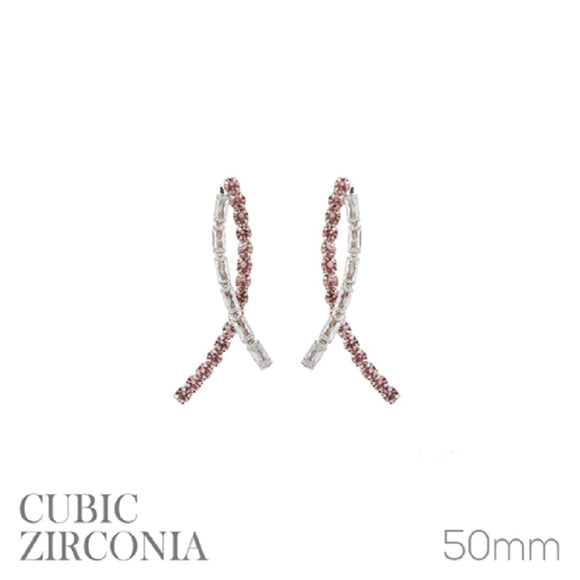 SILVER PINK RIBBON EARRINGS CLEAR PINK STONES ( 27792 LROS )