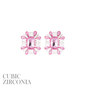 SILVER EARRINGS PINK CLEAR CZ CUBIC ZIRCONIA STONES ( 27897 ROS )