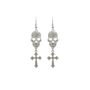 SILVER SKULL CROSS EARRINGS CLEAR STONES ( 27975 HCRR )