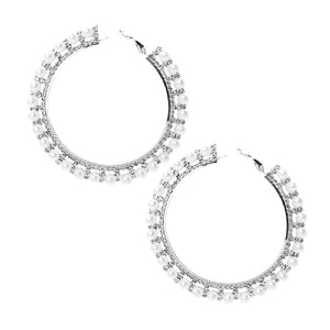 SILVER HOOP EARRINGS CLEAR STONES CREAM PEARLS ( 27983 70WHS )