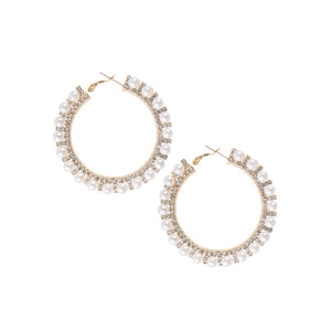 GOLD HOOP EARRINGS CLEAR STONES CREAM PEARLS ( 27983 WHG )