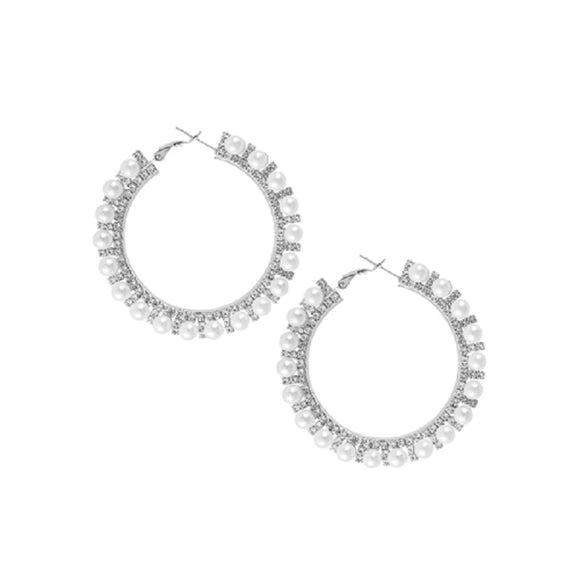 SILVER HOOP EARRINGS CLEAR STONES WHITE PEARLS ( 27983 WHS )