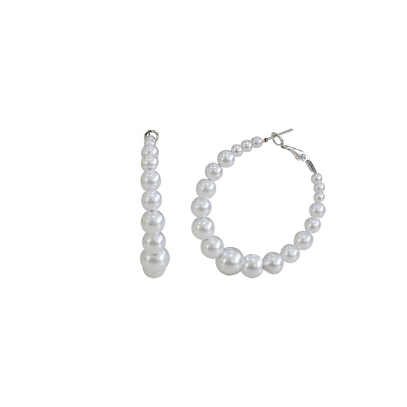 Silver White Pearl Hoop Earrings ( 28087WH-R )