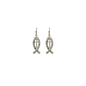 Gold Cross Jesus Fish Clear Stones Earrings ( 28145 CRG )