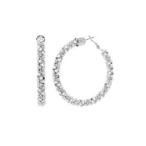 SILVER HOOP EARRINGS CLEAR STONES WHITE PEARLS ( 28201 60WHS )