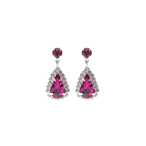 SILVER EARRINGS CLEAR FUCHSIA STONES ( 28226 FUS )