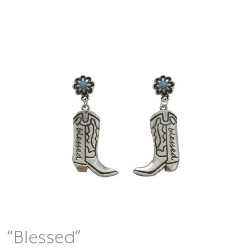 SILVER TURQUOISE COWBOY BOOT EARRINGS BLESSED ( 28364 TQBS )