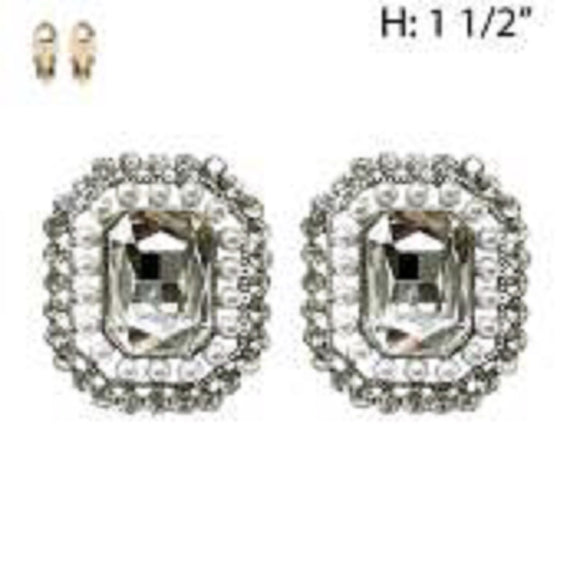 SQUARE RHINESTONE CLIP ON EARRINGS PEARL ( 195 RWH )