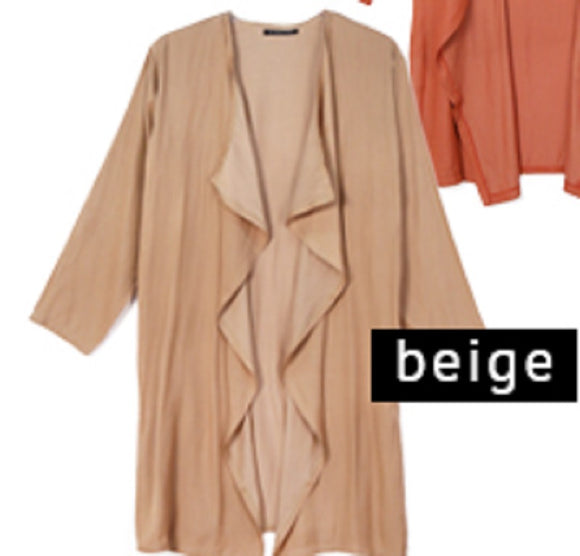 BEIGE WATERFALL LAPEL SATIN CARDIGAN ( 2320 BEIGE )