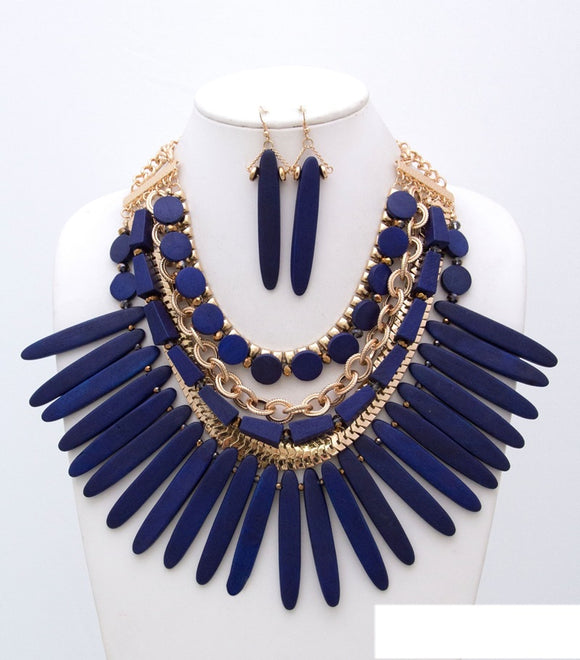 GOLD BLUE WOODEN NECKLACE SET ( 2906 GPBLUE )