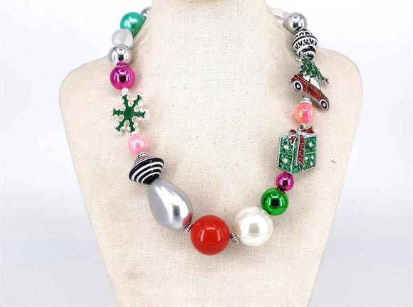 SILVER MULTI COLOR CHRISTMAS THEME NECKLACE SET ( 1839 SLMT )