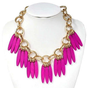 GOLD DANGLING FRINGE FUCHSIA WOODEN NECKLACE ( 10778 GFU )