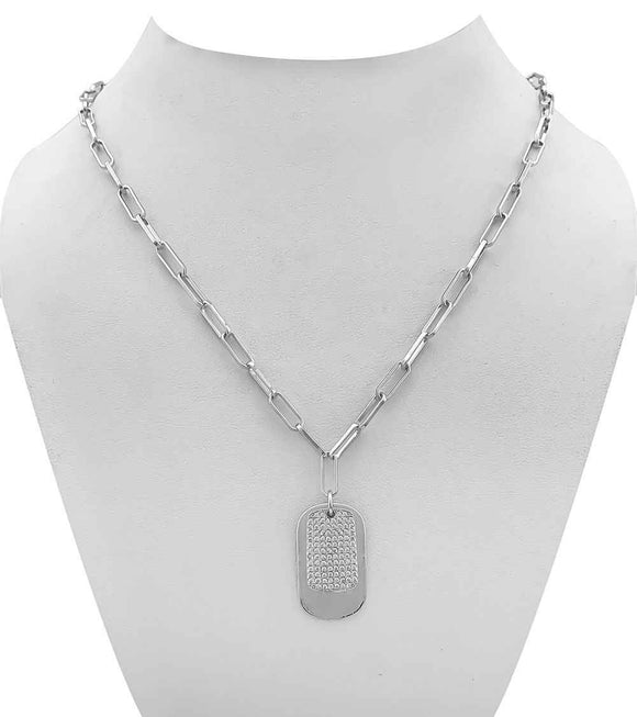 SILVER NECKLACE DOG TAG PENDANTS CLEAR STONES ( 8666 R )