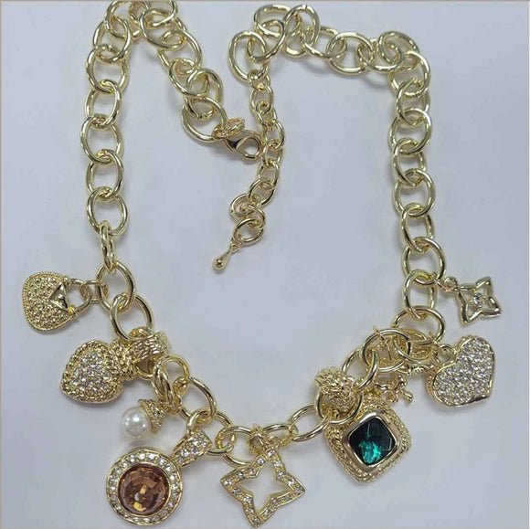 GOLD NECKLACE MULTI COLOR STONES CHARMS ( 1898 GD )