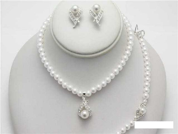 SILVER WHITE PEARL NECKLACE SET MATCHING BRACELET ( 15547 RWH )