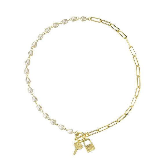 GOLD NECKLACE PEARLS LOCK KEY CHARMS ( 8698 )