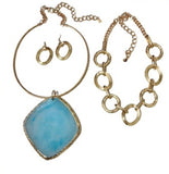 GOLD CHOKER AGATE NECKLACE SET BLUE STONE ( 3652 GPBL )