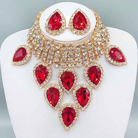 GOLD NECKLACE SET CLEAR RED STONES ( 3205 GDRD )