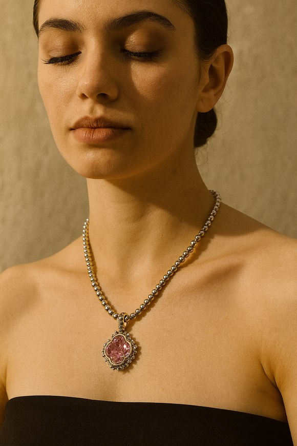 14K GOLD PLATED NECKLACE PINK QUATREFOIL STONE ( 1247 RO )