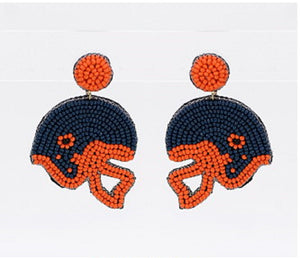 BLUE ORANGE BEAD FOOTBALL HELMET EARRINGS ( 1252 NVOR )