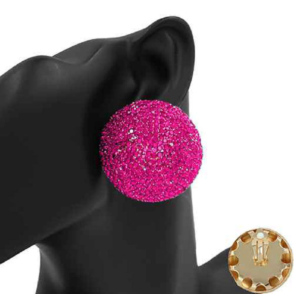 GOLD DOME CLIP ON EARRINGS FUCHSIA STONES ( 2419 GDFSH-CP )