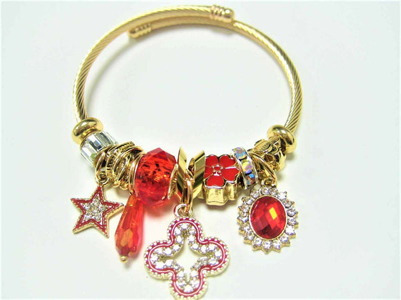 GOLD CUFF BANGLE RED CLEAR STONES CHARMS ( 806 GRD )