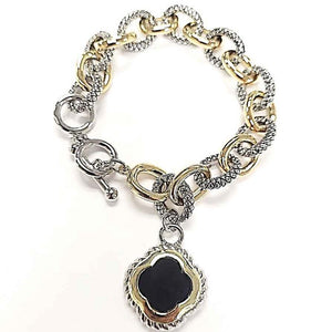 GOLD SILVER BRACELET BLACK QUATREFOIL ( 1413 BK )