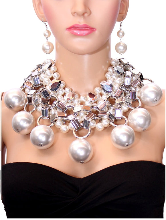 SILVER WHITE CHUNKY PEARL NECKLACE ( 2199 WHT )