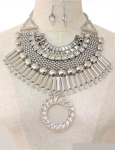 Silver Chunky Necklace Set Clear Stones ( 3559 RHCL )