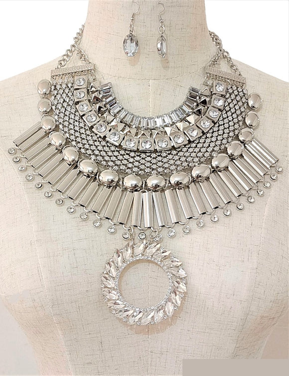 Silver Chunky Necklace Set Clear Stones ( 3559 RHCL )