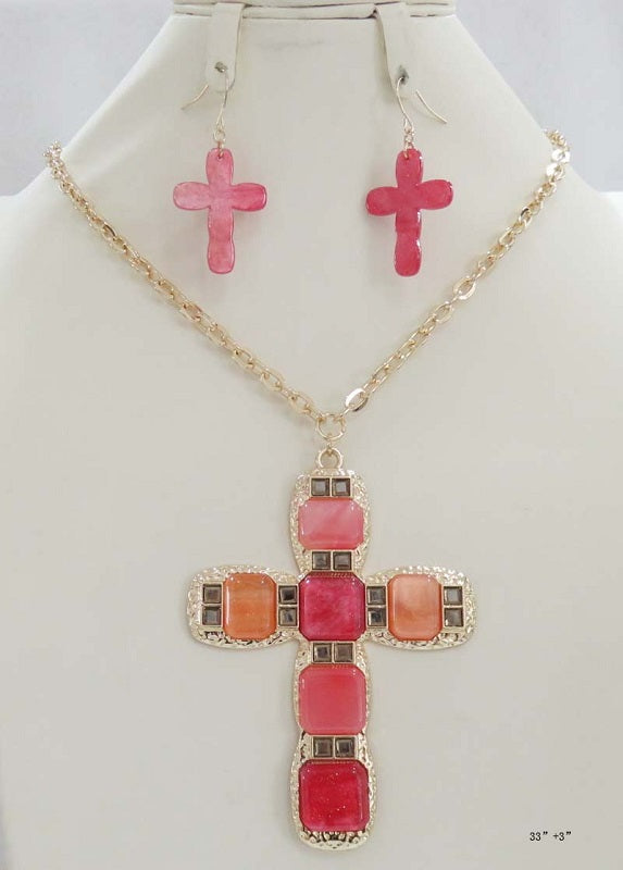 GOLD RED AND ORANGE CROSS NECKLACE ( 5237 RDOR )