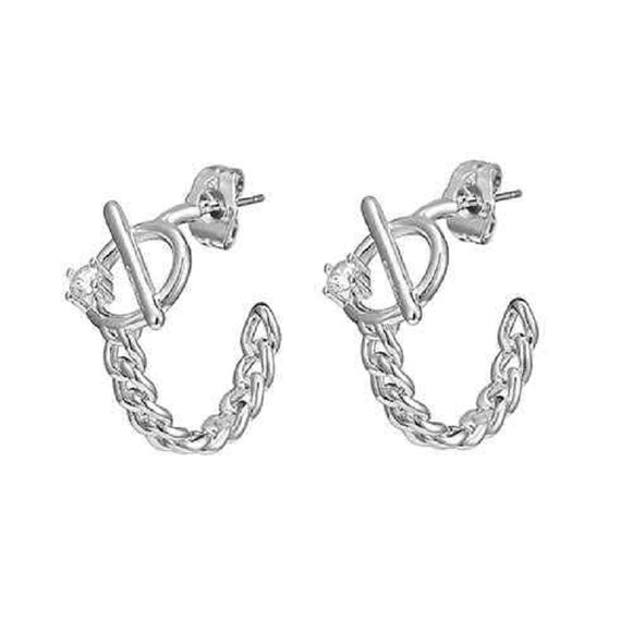 SILVER HOOP EARRINGS CLEAR CZ CUBIC ZIRCONIA STONES ( 8622 R )
