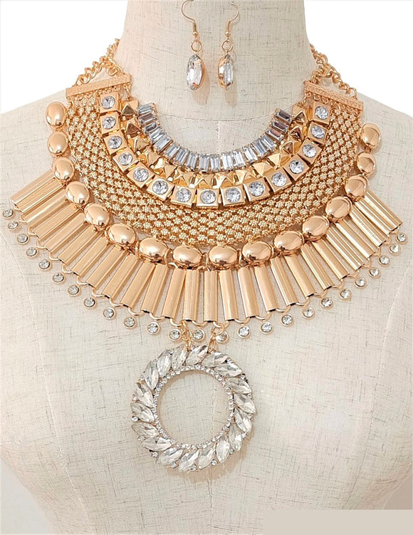 Gold Chunky Necklace Set Clear Stones ( 3559 GDCL )