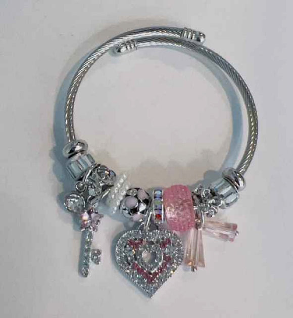 SILVER PINK CLEAR STONES CUFF BANGLE HEART CHARMS ( 807 SPK )