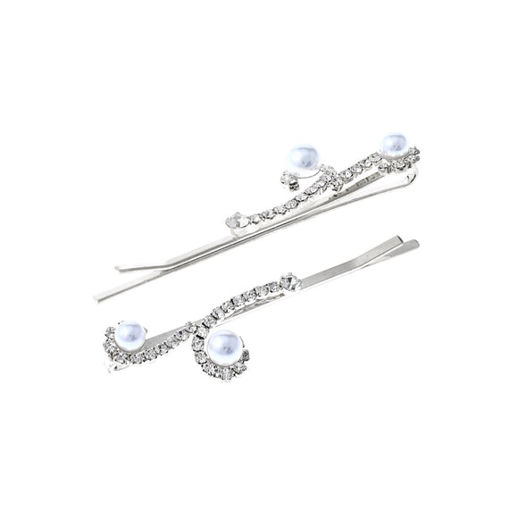 Silver Hair Clips Clear Stones White Pearls ( 71847WH-S )