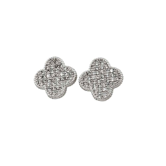 SILVER QUATREFOIL EARRINGS CLEAR CZ CUBIC ZIRCONIA STONES ( 7904 R )