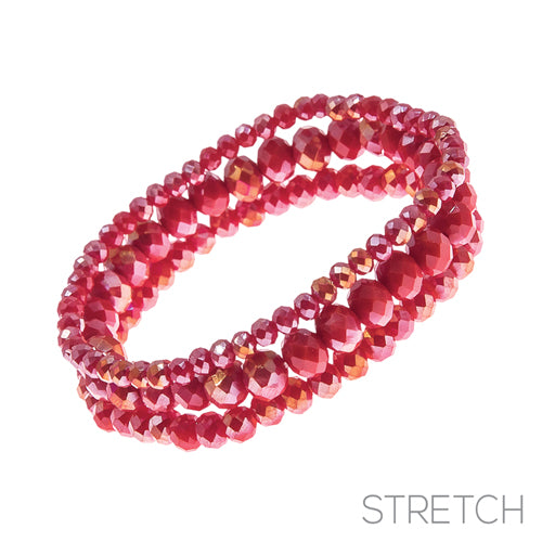 3 Layer RED Opal Glass Beaded Stretch Bracelets ( 83476 LSI )
