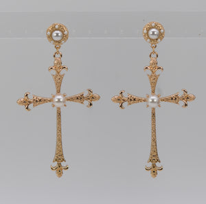 GOLD CROSS EARRINGS CREAM PEARLS ( 2362 GLCRM )