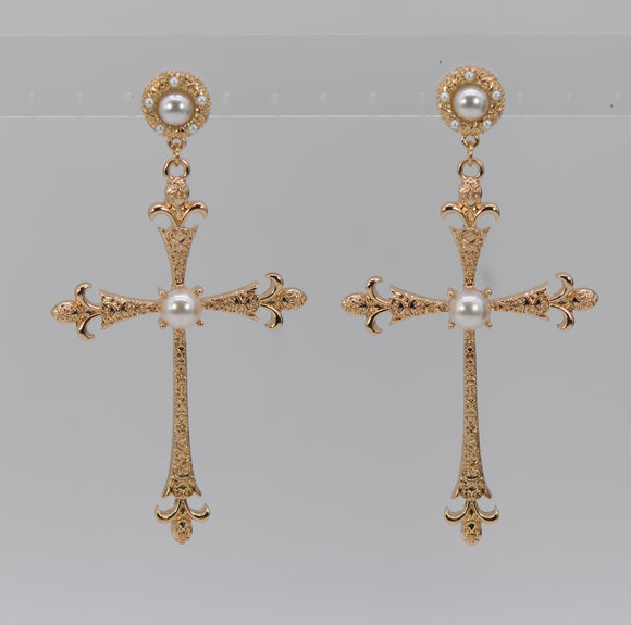 GOLD CROSS EARRINGS CREAM PEARLS ( 2362 GLCRM )