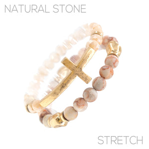 LIGHT PINK WORN GOLD STRETCH BRACELET CROSS ( 84439 LPE WG )