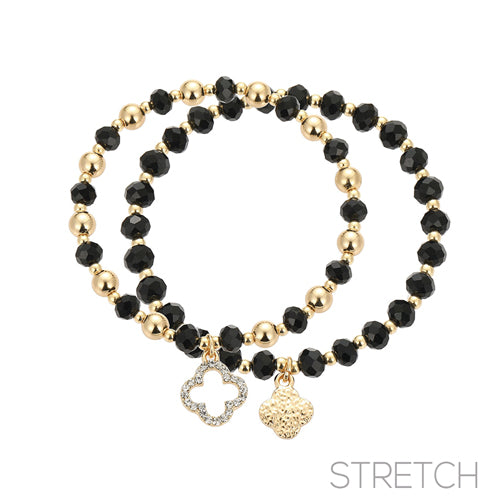 2 PACK QUATREFOIL GLASS BEAD BRACELET BLACK GOLD ( 84453 JTG )